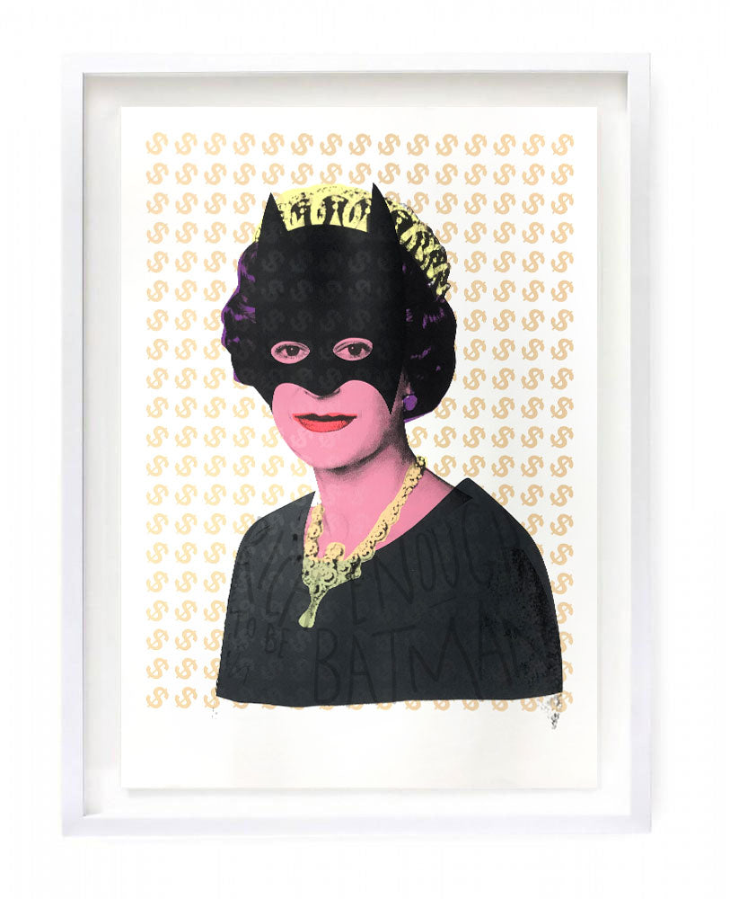 Queen Elizabeth II with black batman mask and dollar signs